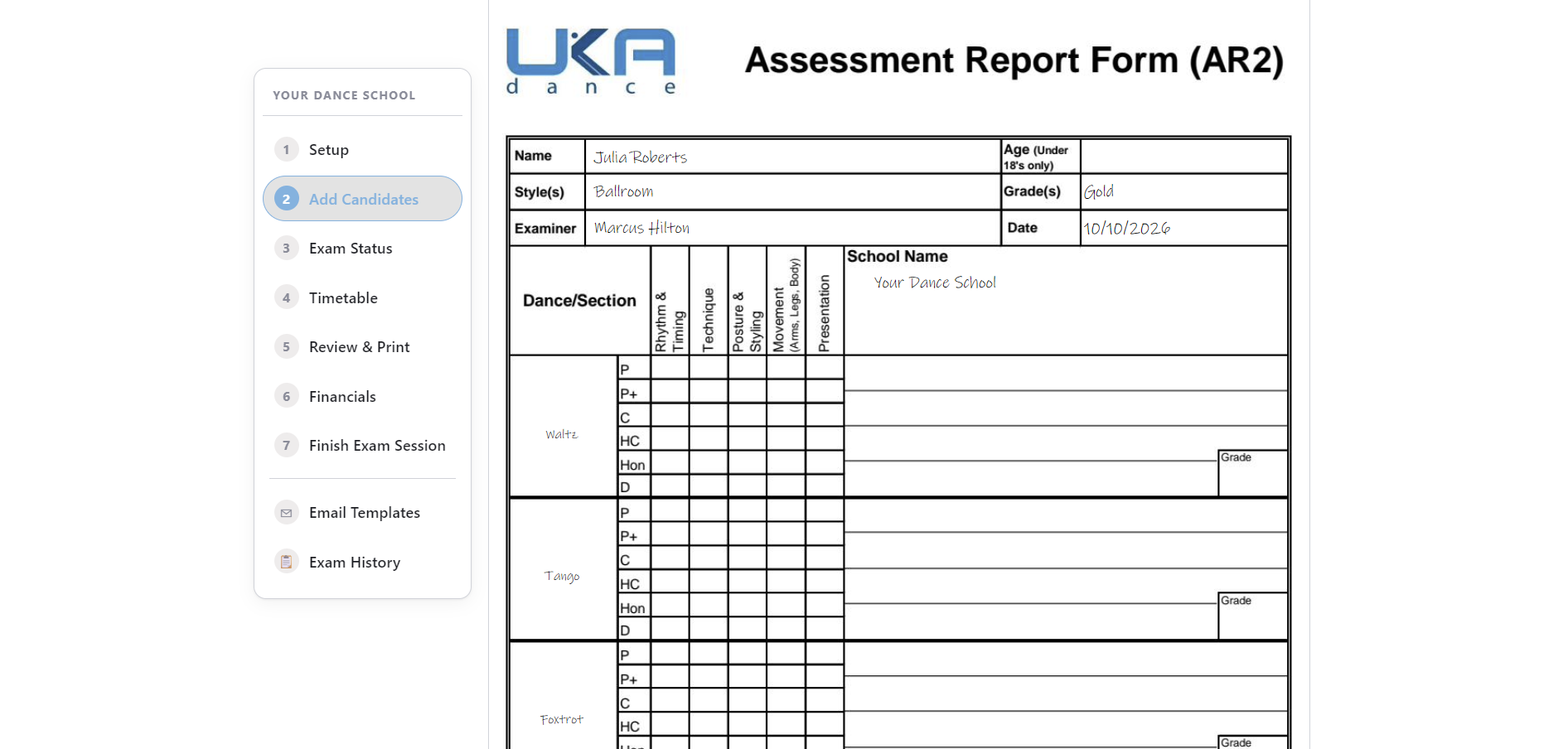 A UKA AR2 Assessment Report Form with the candidate's name, style, grade, examiner and date already filled in by DanceMate