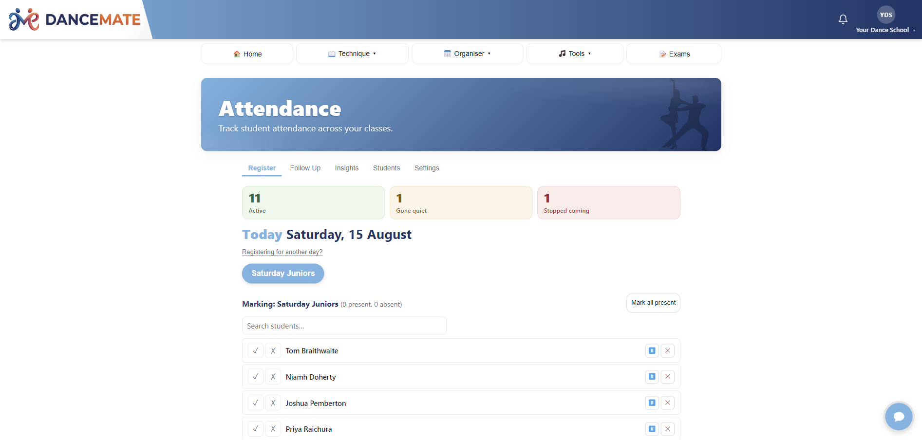 The DanceMate attendance screen: eleven active students, one gone quiet and one stopped coming, with today's register ready to mark