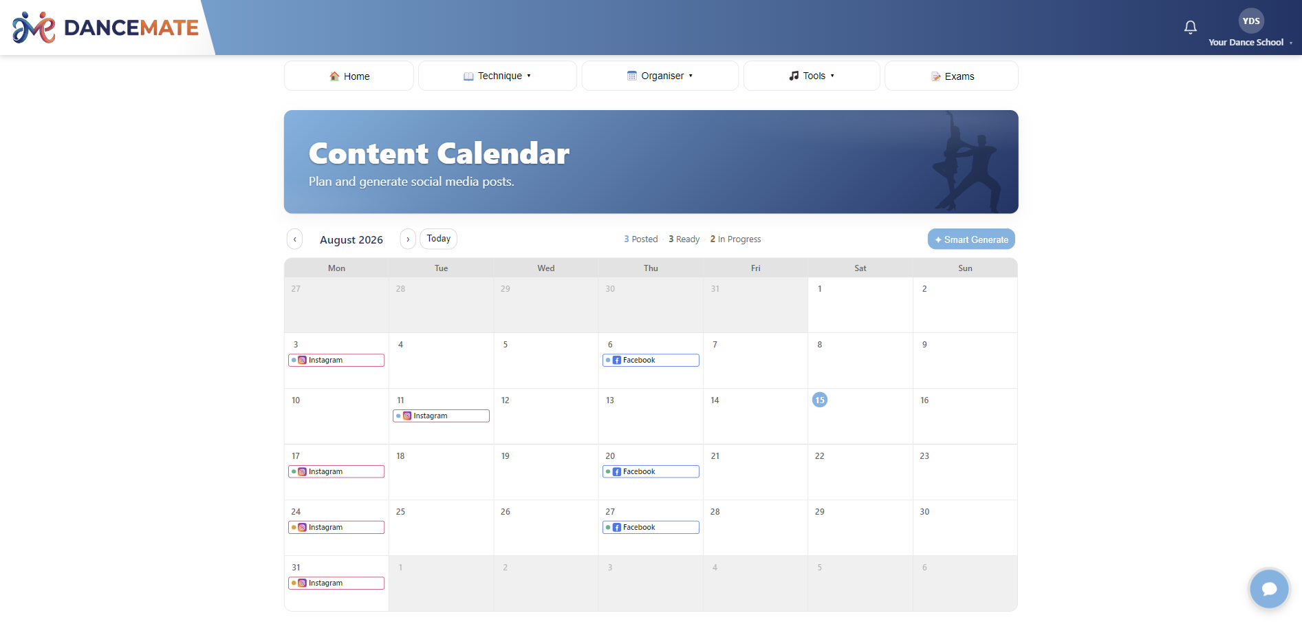 The DanceMate content calendar for August, with posts marked posted, ready and in progress