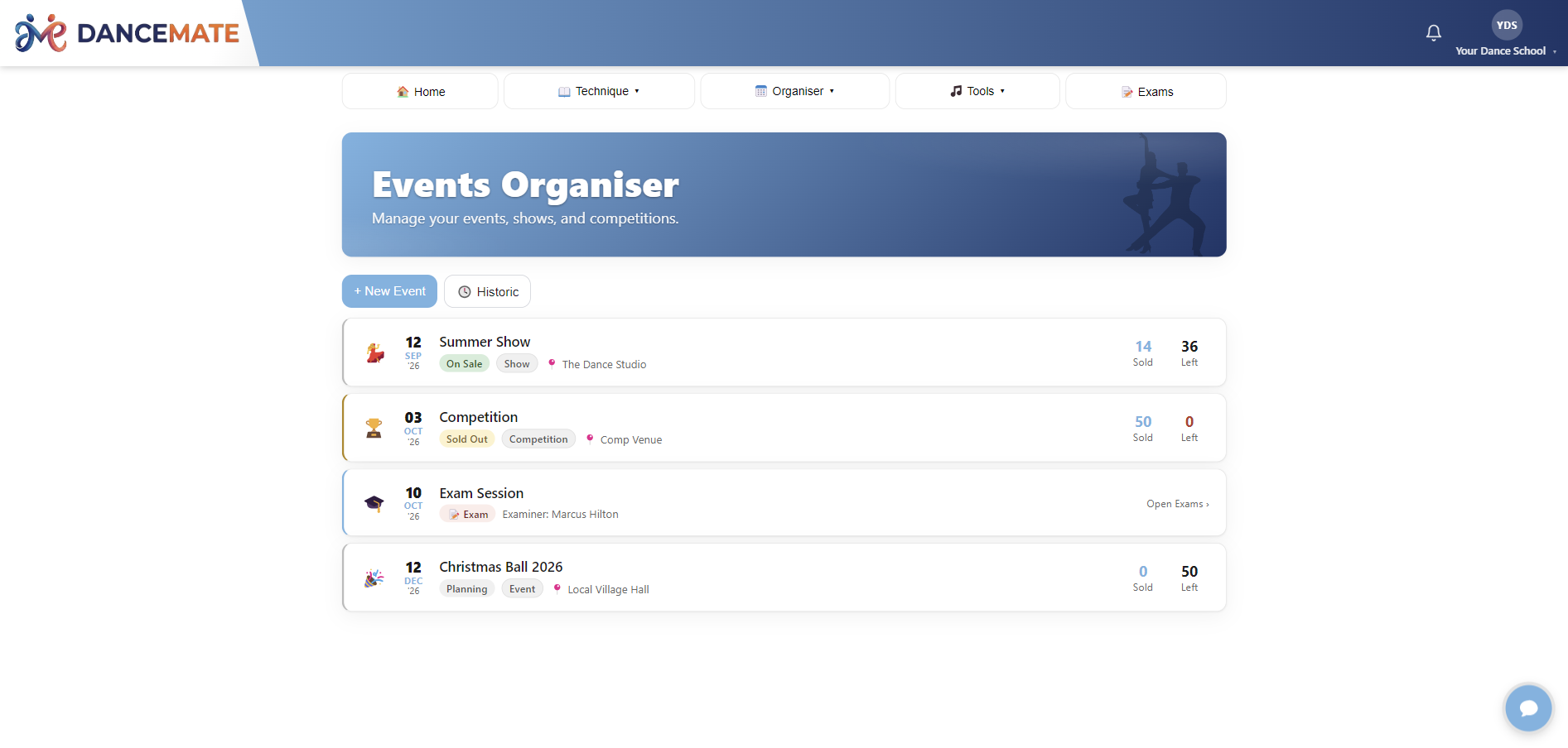 The DanceMate events organiser screen
