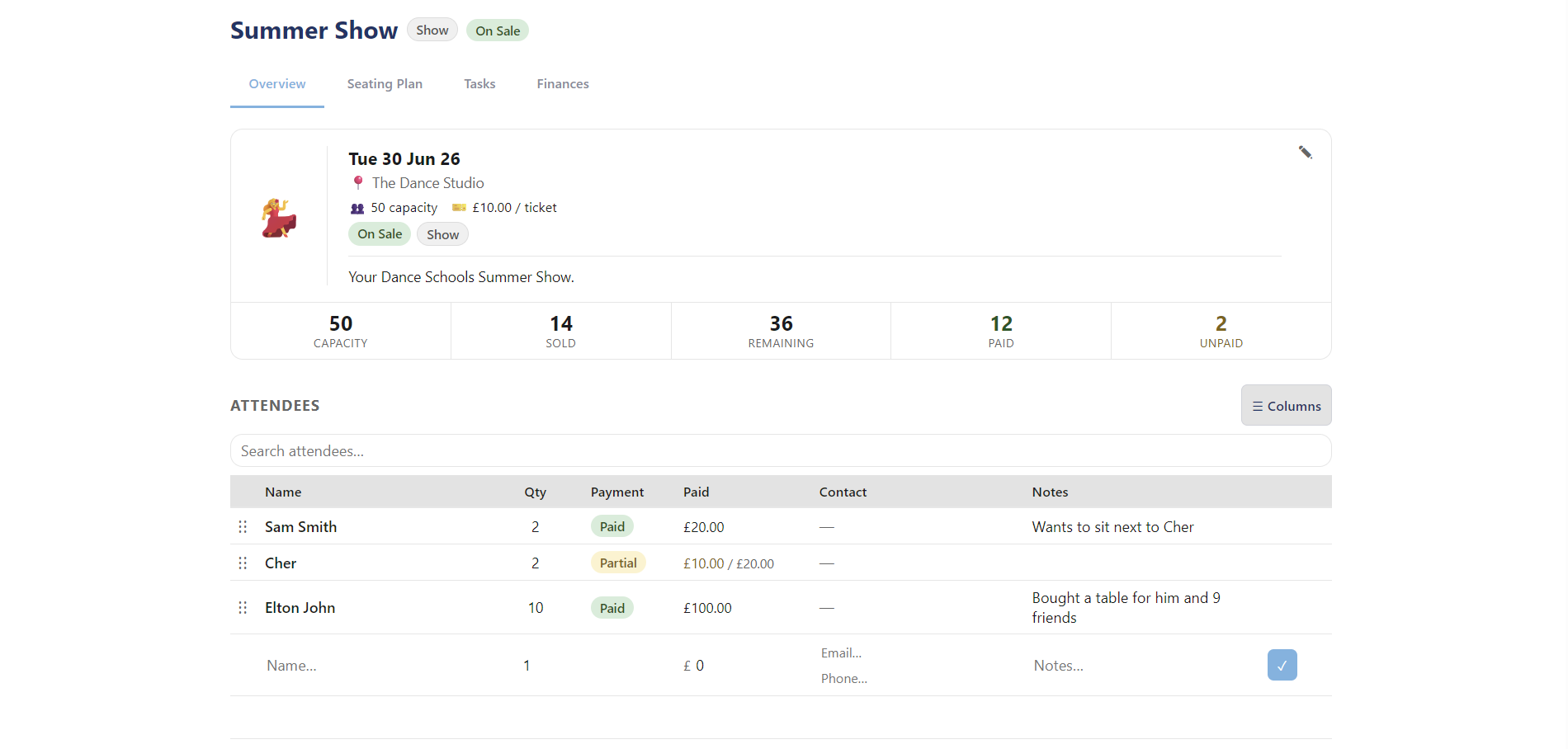 An event overview in DanceMate