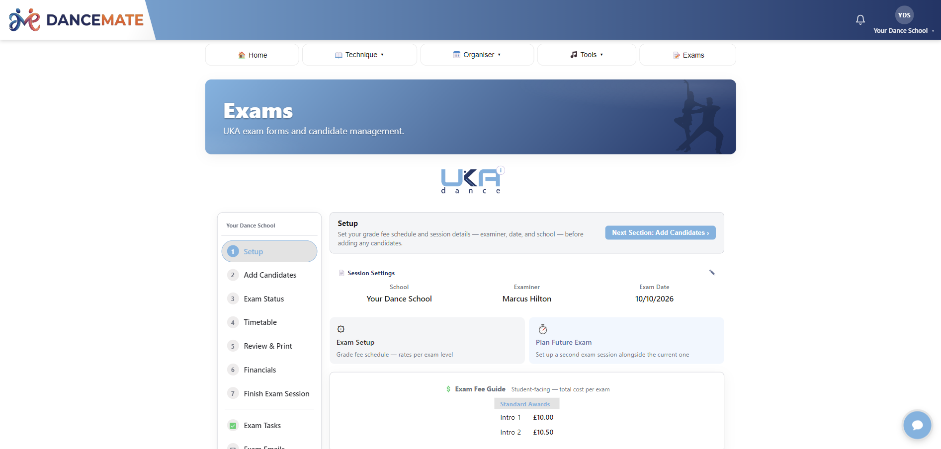 The DanceMate Exams screen: the numbered session sidebar, session settings showing school, examiner and exam date, and the UKA fee guide