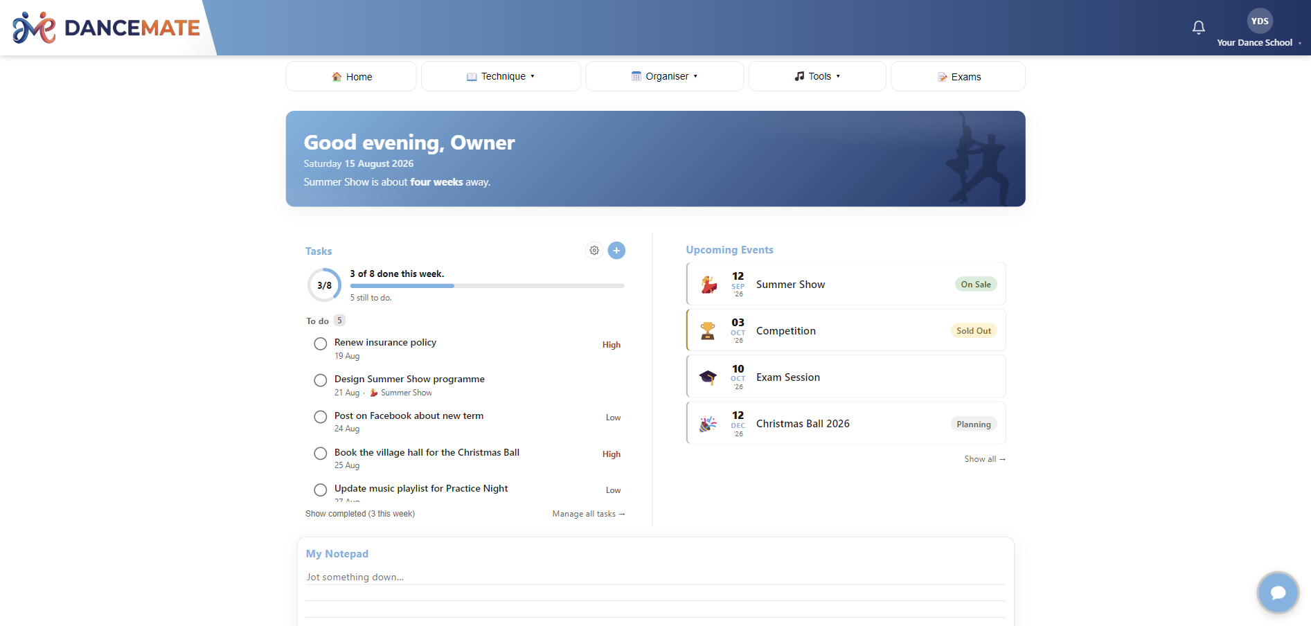 The DanceMate dashboard: this week's tasks on the left, upcoming events and ticket sales on the right