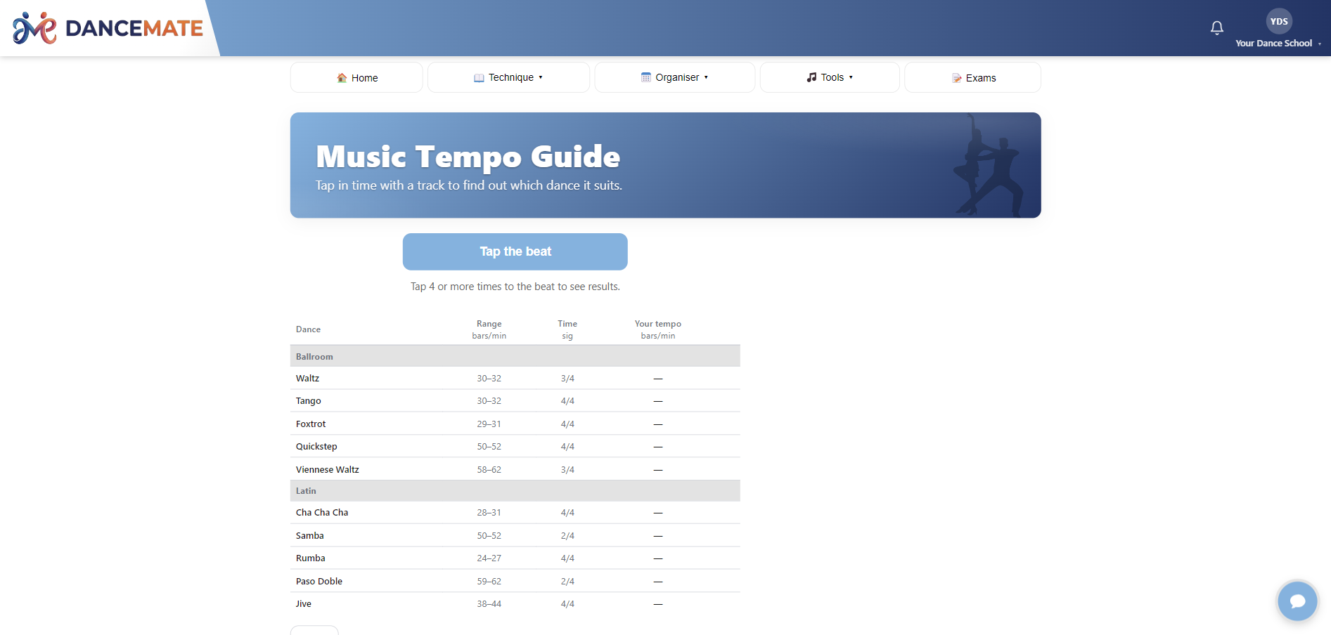 The DanceMate music and tempo screen