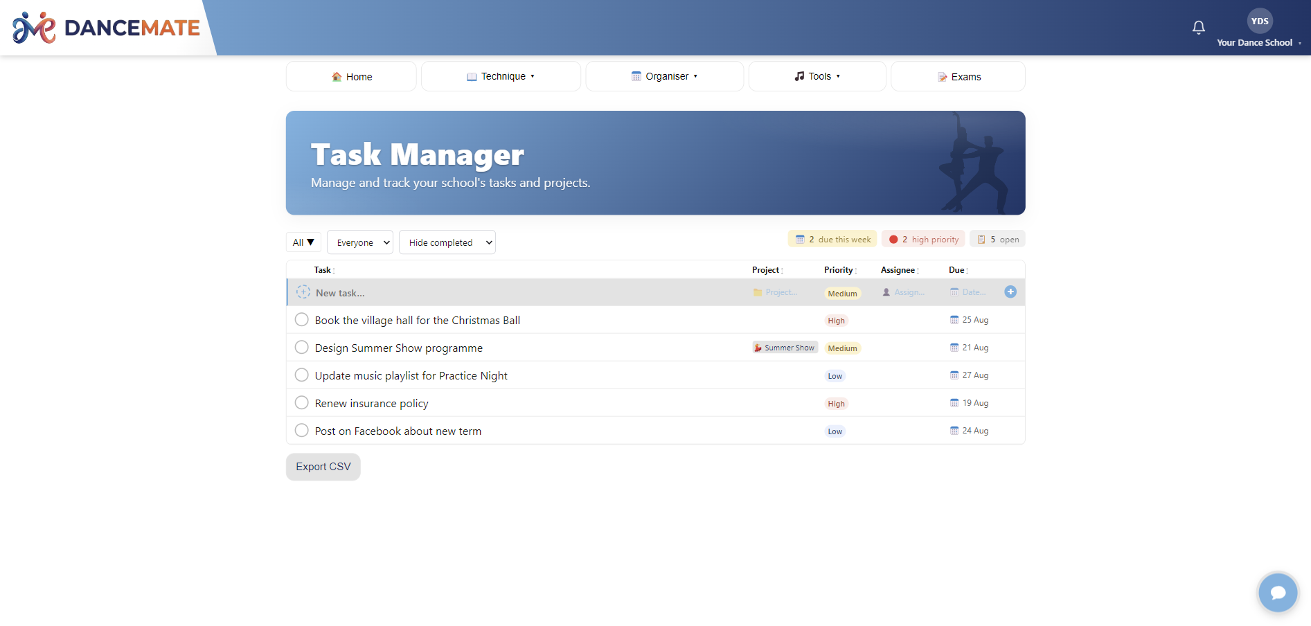 The DanceMate task manager screen