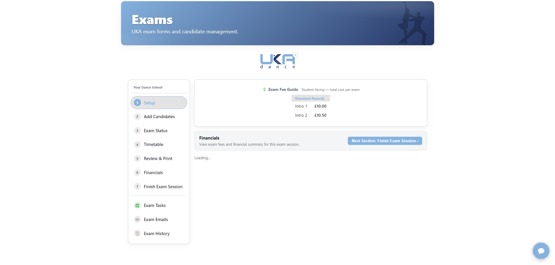 Exam payments tracked against the session